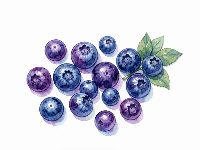 Hand-painted watercolor illustration of plump blueberries with green leaves resting on white paper