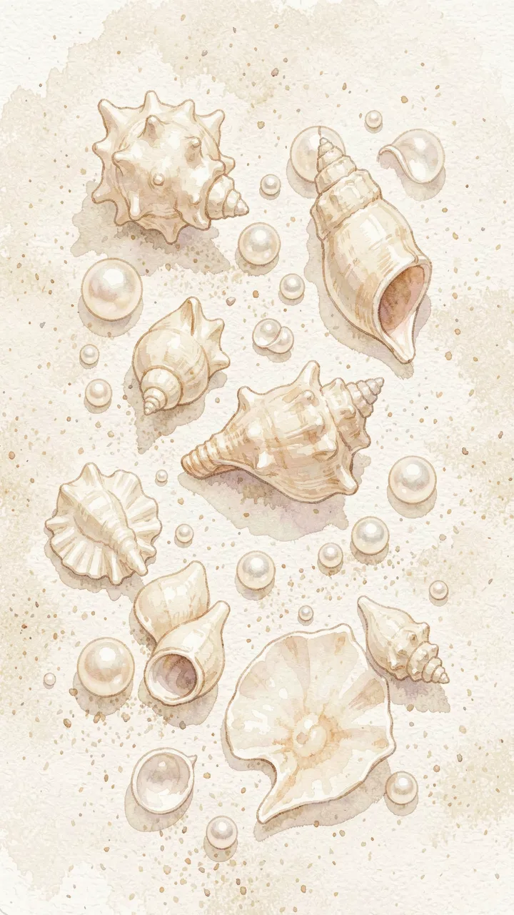 Soft watercolor illustration of cream seashells and scattered pearls resting on pale textured sand