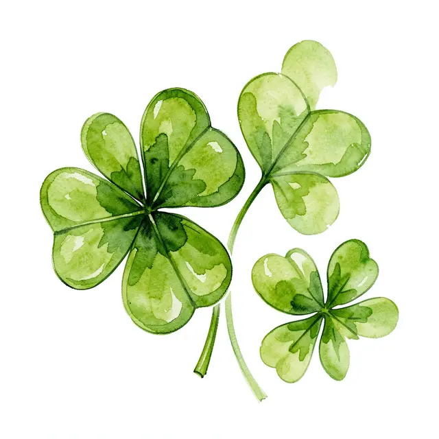 Watercolor illustration of green shamrock leaves arranged against a plain white background