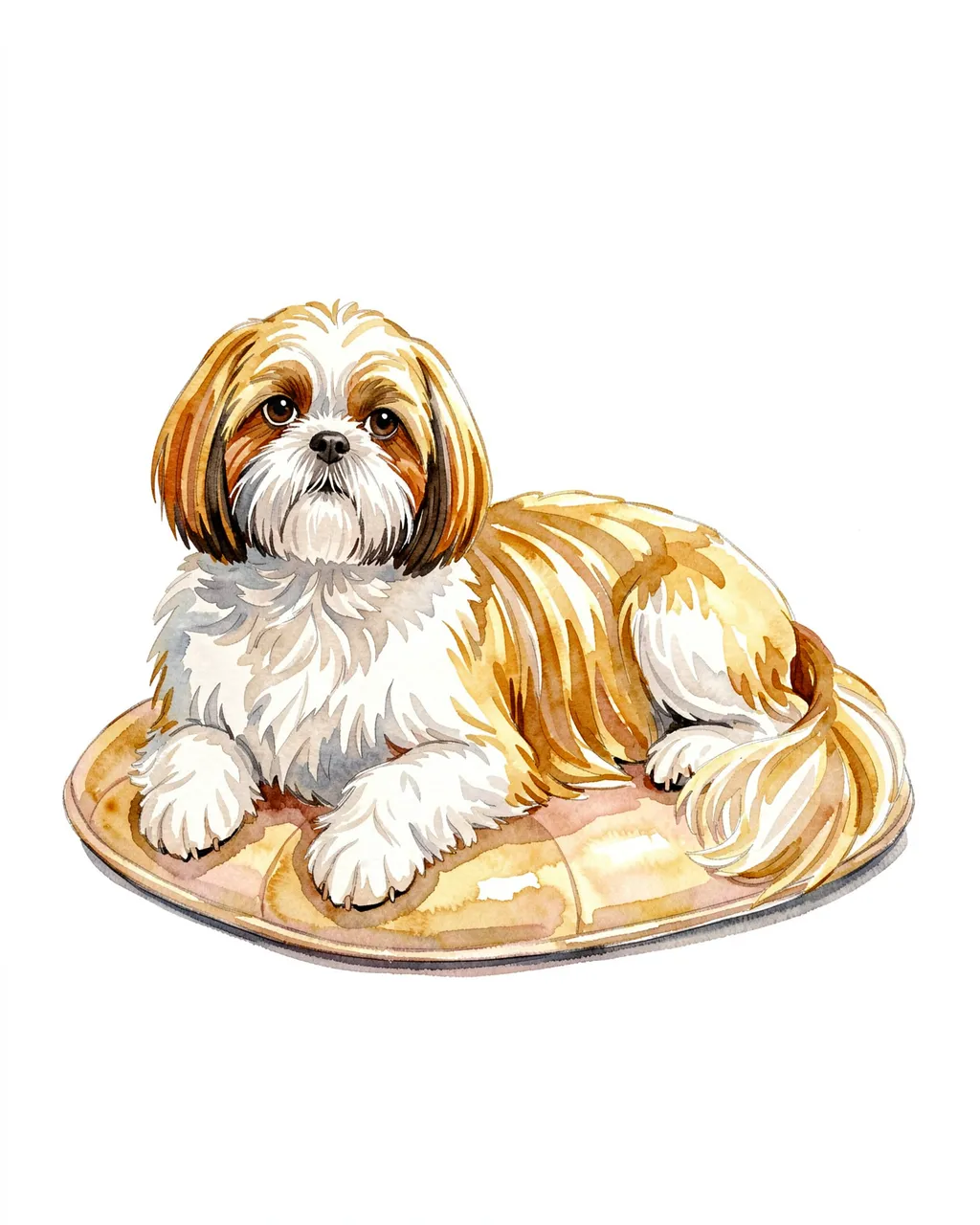 A long gold and white coated Shih Tzu lies calmly on a round cushioned pet bed against a plain white background.