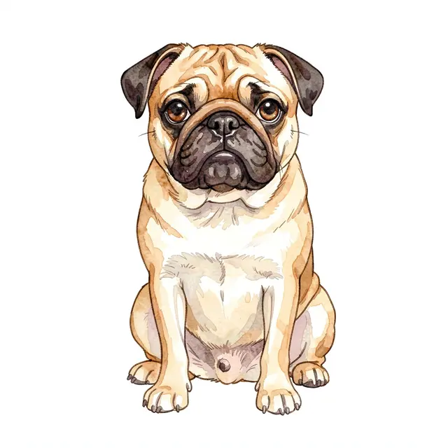 A watercolor illustration of a sitting wrinkled fawn pug facing forward on a plain white background
