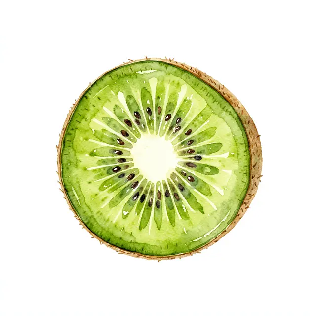 A watercolor illustration of a cross-sectional sliced kiwi fruit against a plain white background