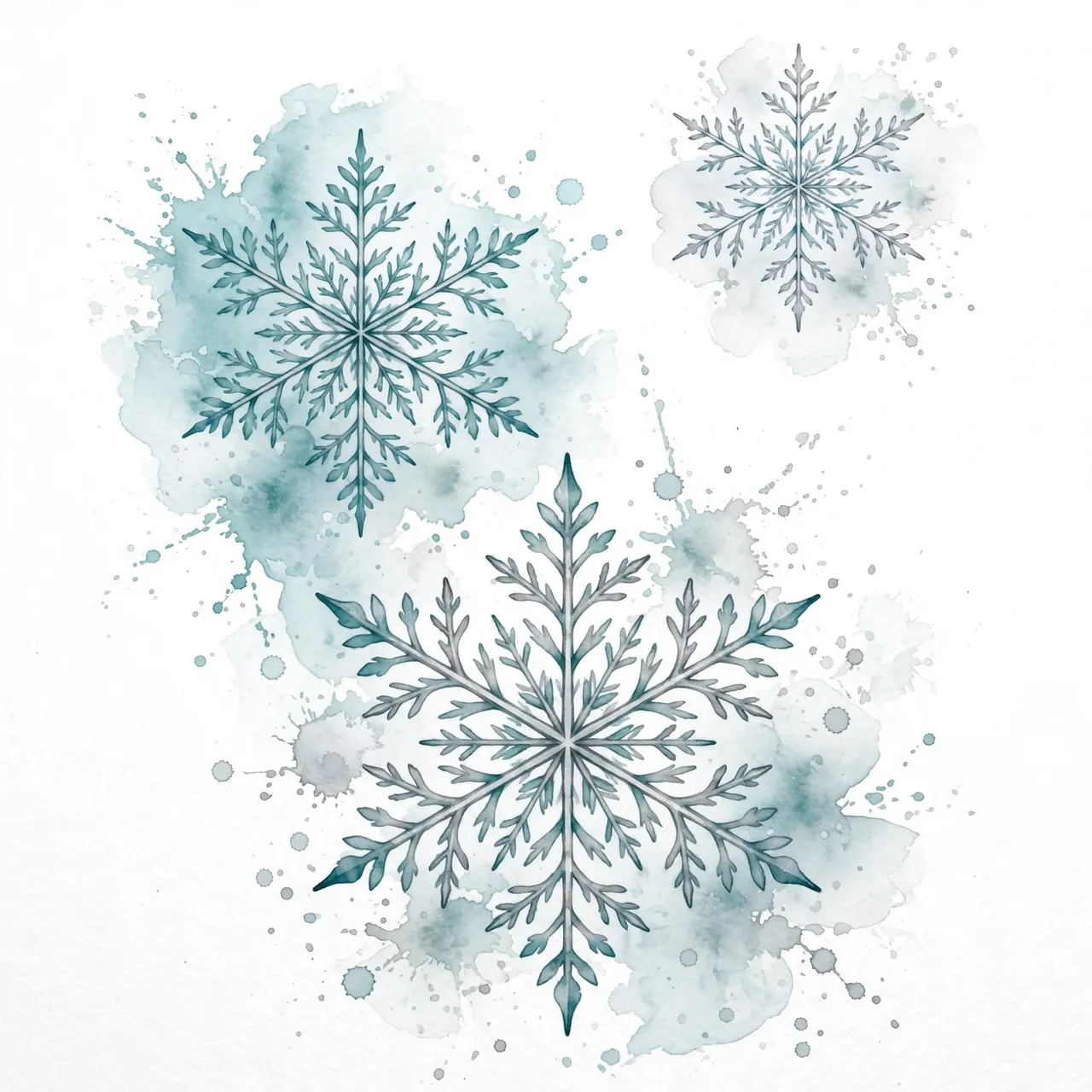 Three differently sized six-pointed snowflakes with teal and silver watercolor splashes on a white background