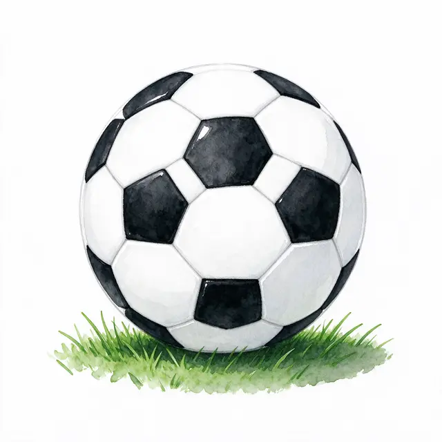 A classic black and white watercolor soccer ball rests on a small patch of green grass against a plain white background