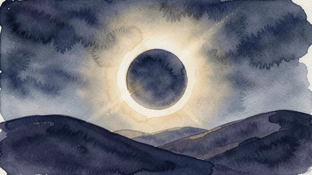 A total solar eclipse with a pale gold corona hangs above dark indigo rolling hills in a soft watercolor painting