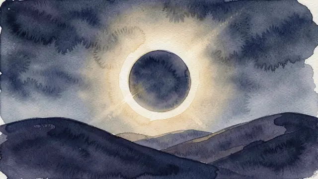 A total solar eclipse with a pale gold corona hangs above dark indigo rolling hills in a soft watercolor painting
