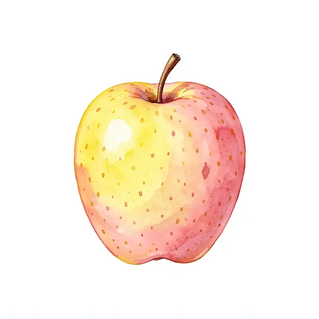 A watercolor illustration of a speckled yellow and blush-pink apple on a plain white background