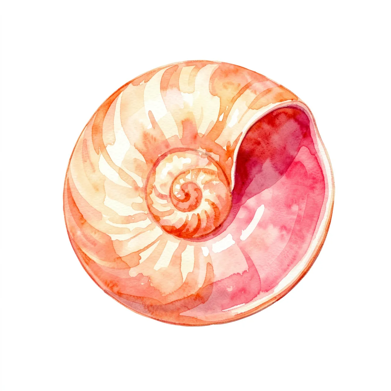 A watercolor illustration of a spiral conch shell on a plain white background.