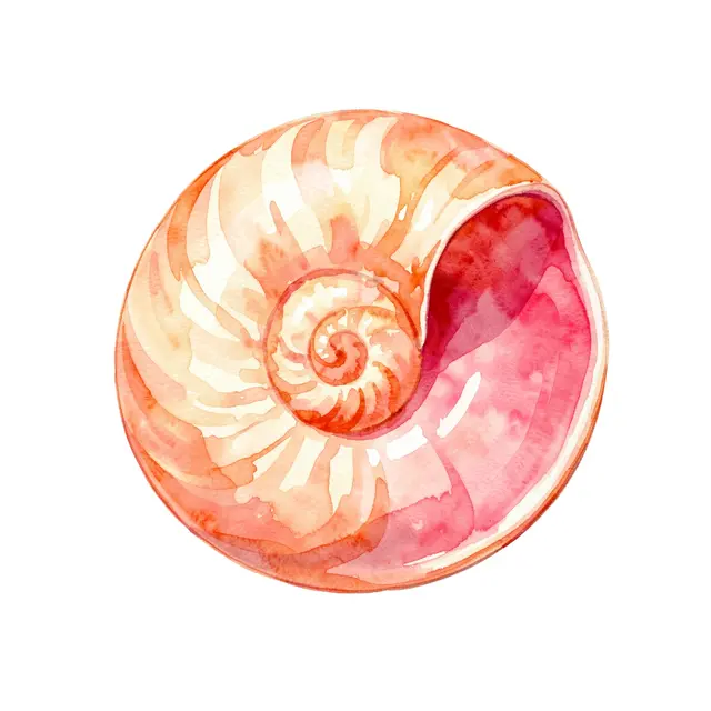 A watercolor illustration of a spiral conch shell on a plain white background.