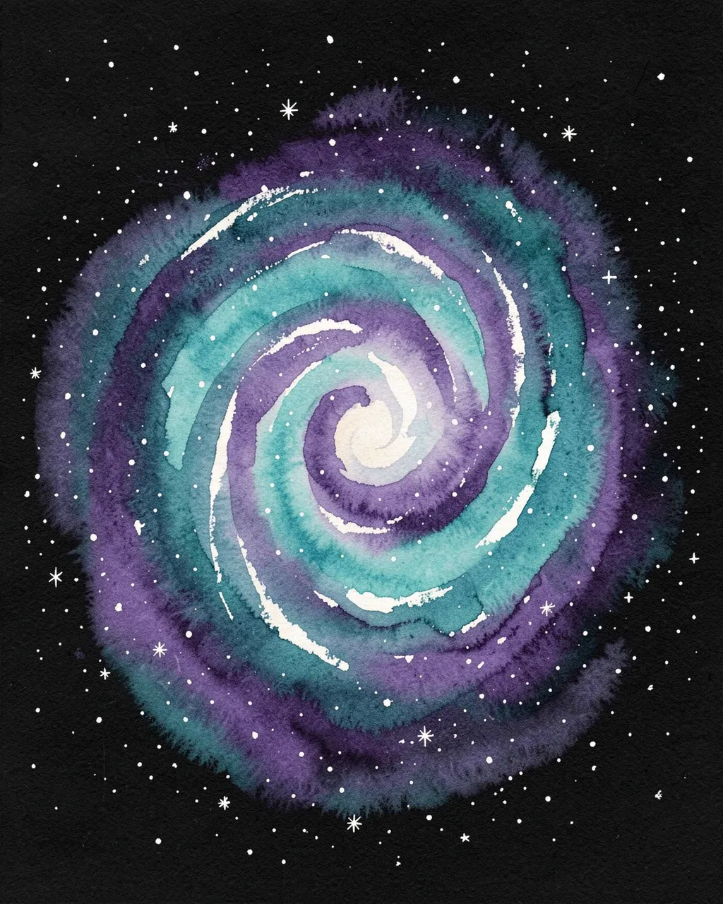 Loose watercolor spiral galaxy in turquoise and violet washes with white star specks on black paper