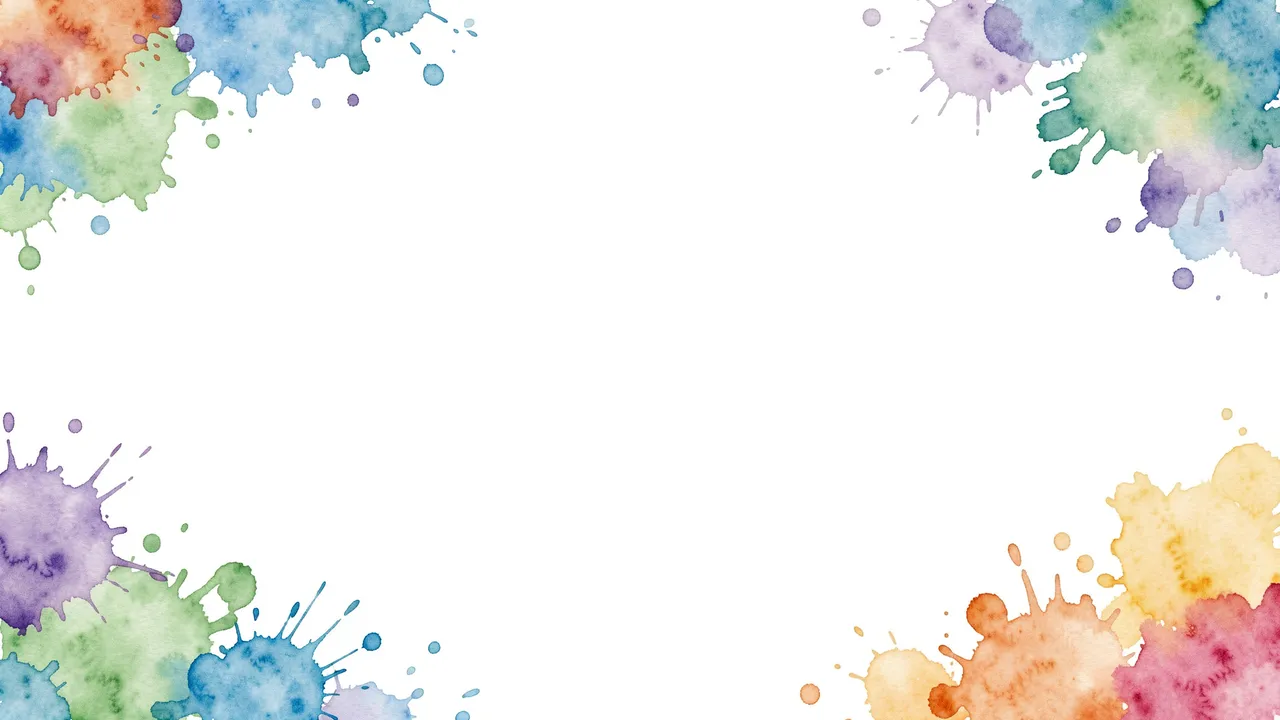Multicolor watercolor splashes frame a blank white central area for content
