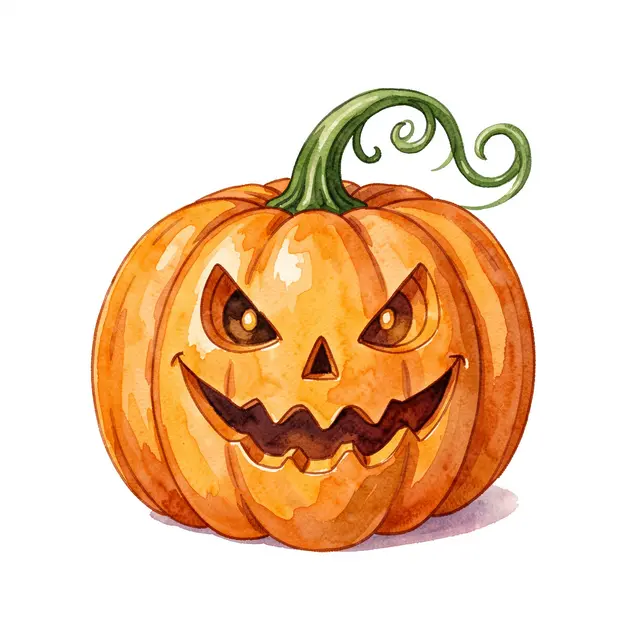 A watercolor illustration of a carved jack-o'-lantern with a curly green vine on a plain white background