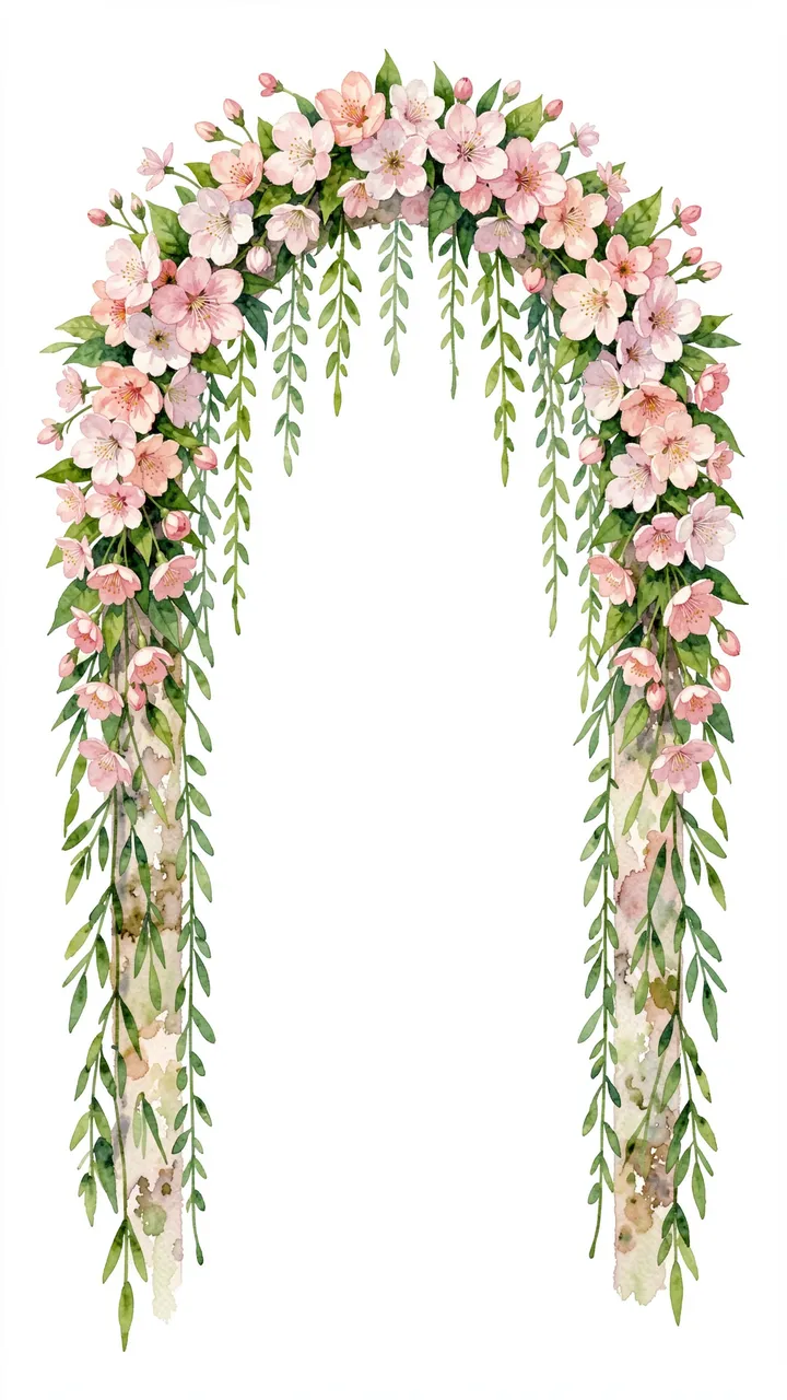 A delicate watercolor floral arch of pink spring blossoms and hanging greenery against a plain white background