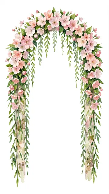 A delicate watercolor floral arch of pink spring blossoms and hanging greenery against a plain white background