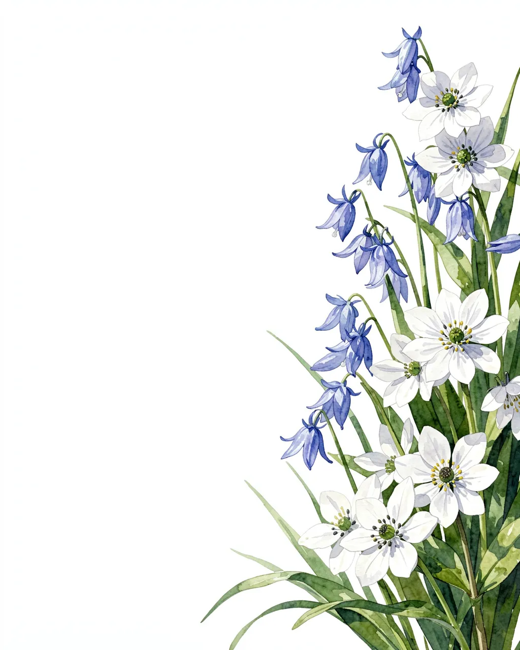 Watercolor illustration of bluebells and white wood anemones arranged along the right edge with blank white space on the left