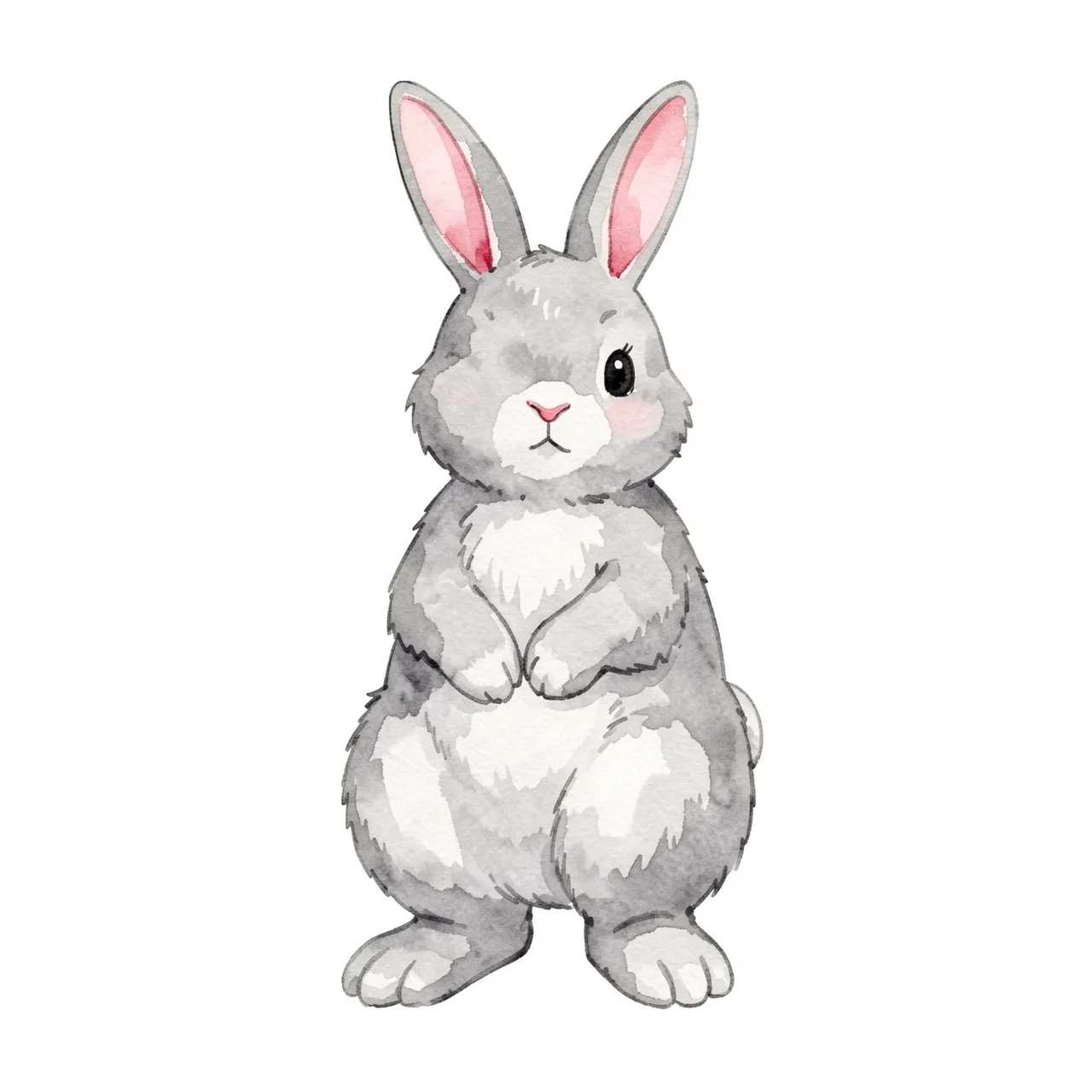 A soft watercolor illustration of a grey bunny standing on hind legs with pink inner ears on a plain white background