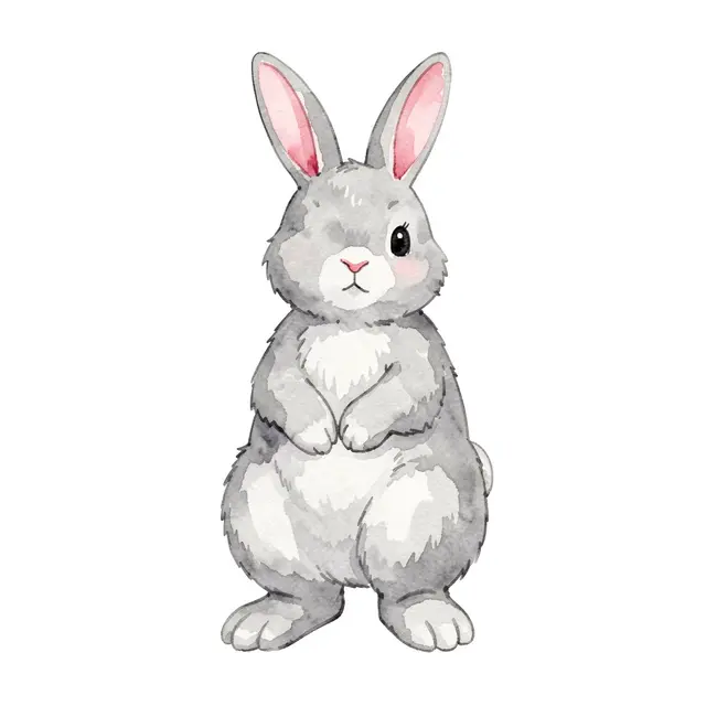 A soft watercolor illustration of a grey bunny standing on hind legs with pink inner ears on a plain white background