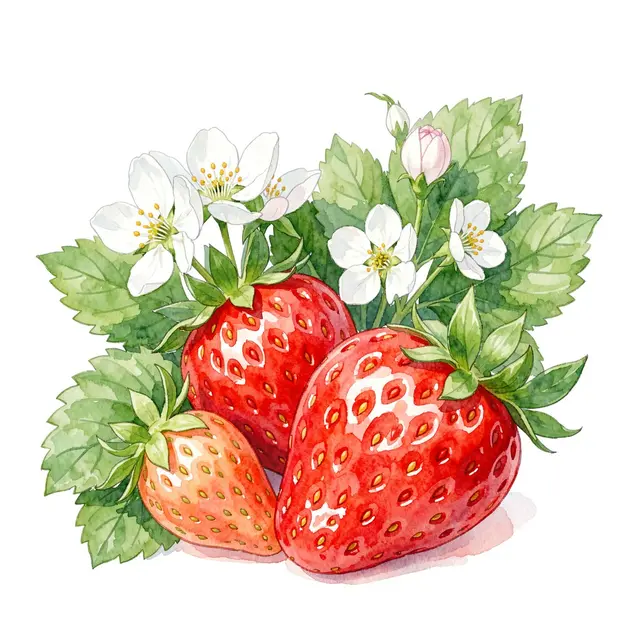 Watercolor illustration of ripe and ripening strawberries with white strawberry blossoms and green leaves on a plain white