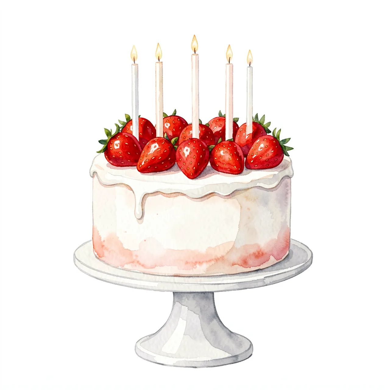 Watercolor illustration of a white frosted birthday cake with strawberries and lit candles on a cake stand against a plain