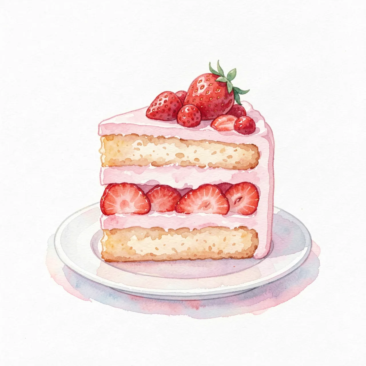 Watercolor illustration of a strawberry layer cake slice resting on a small white plate