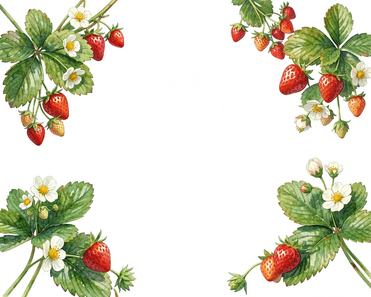 Hand-painted watercolor strawberry plant sprigs frame the four corners of a blank white background.