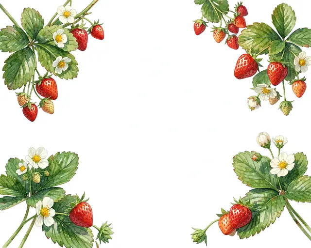 Hand-painted watercolor strawberry plant sprigs frame the four corners of a blank white background.