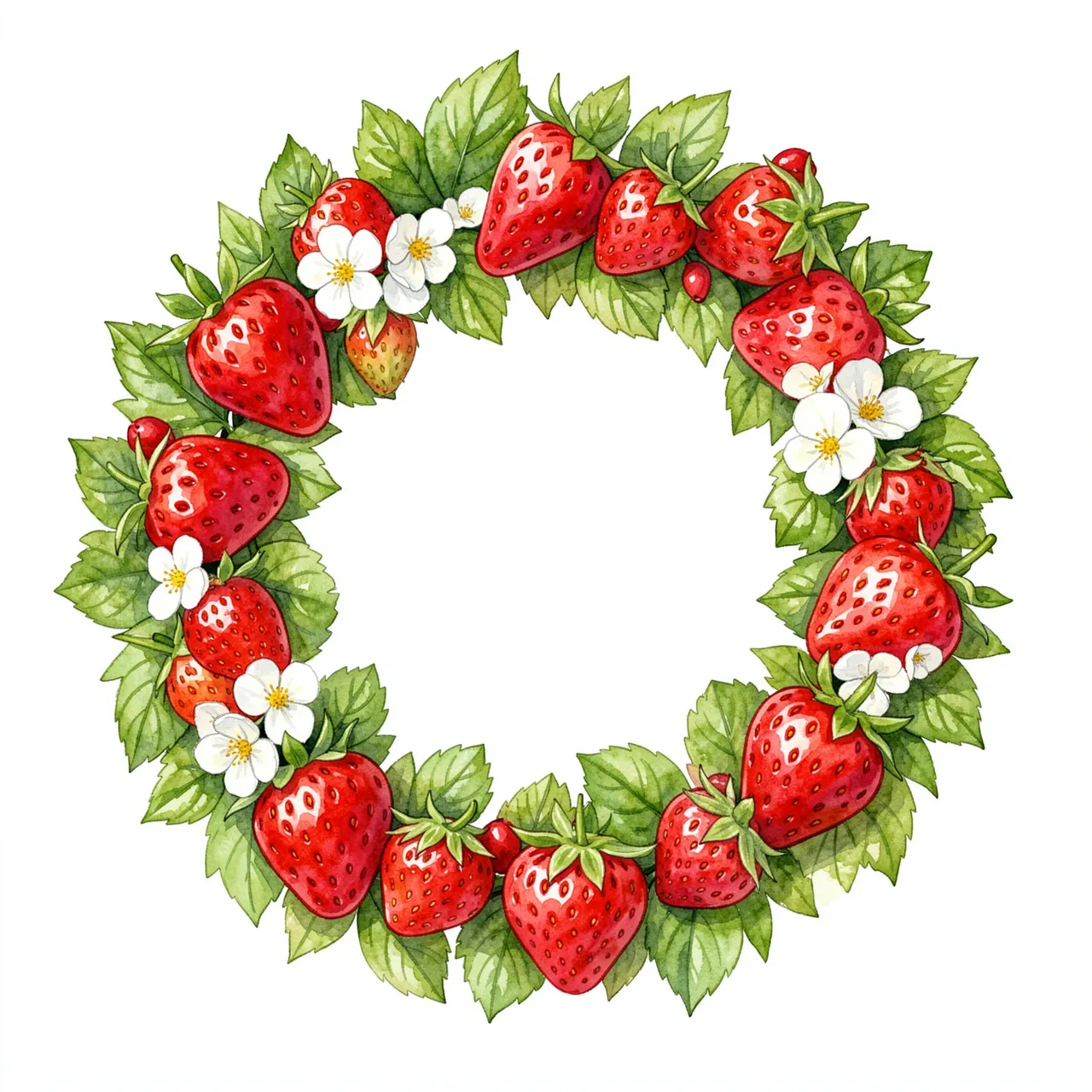 A circular watercolor wreath of ripe strawberries, white blossoms and green leaves on a plain white background