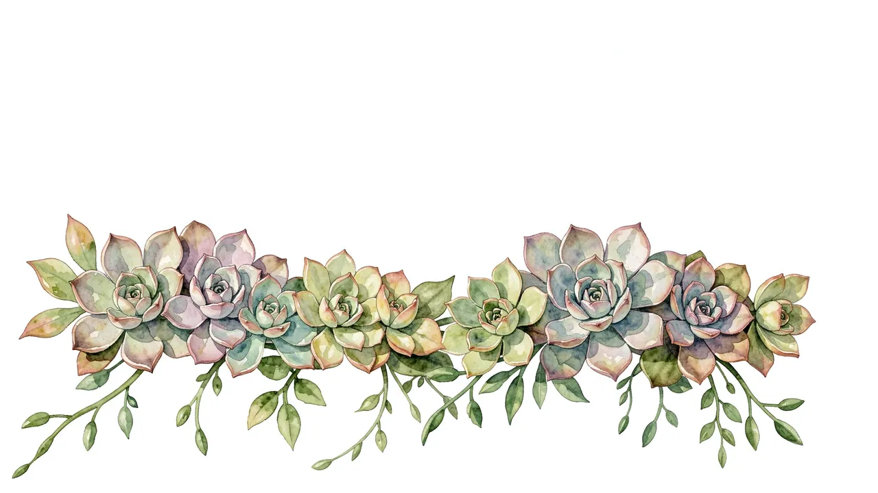 A horizontal watercolor garland of echeveria succulent rosettes sits along the bottom against empty white copy space