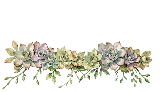 A horizontal watercolor garland of echeveria succulent rosettes sits along the bottom against empty white copy space