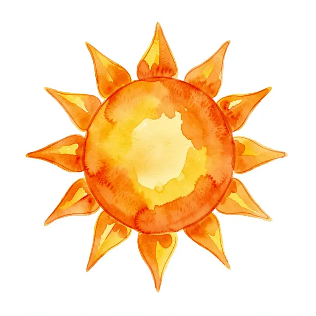 A hand-painted watercolor sun with warm orange and yellow rays on a plain white background