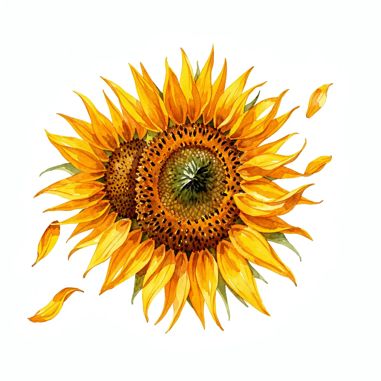 Top-down watercolor illustration of overlapping sunflower heads with loose scattered petals on a plain white background