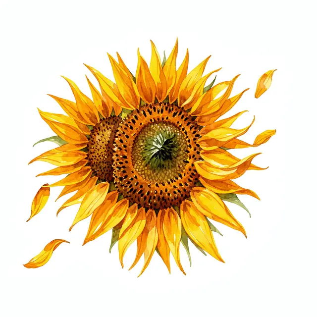 Top-down watercolor illustration of overlapping sunflower heads with loose scattered petals on a plain white background