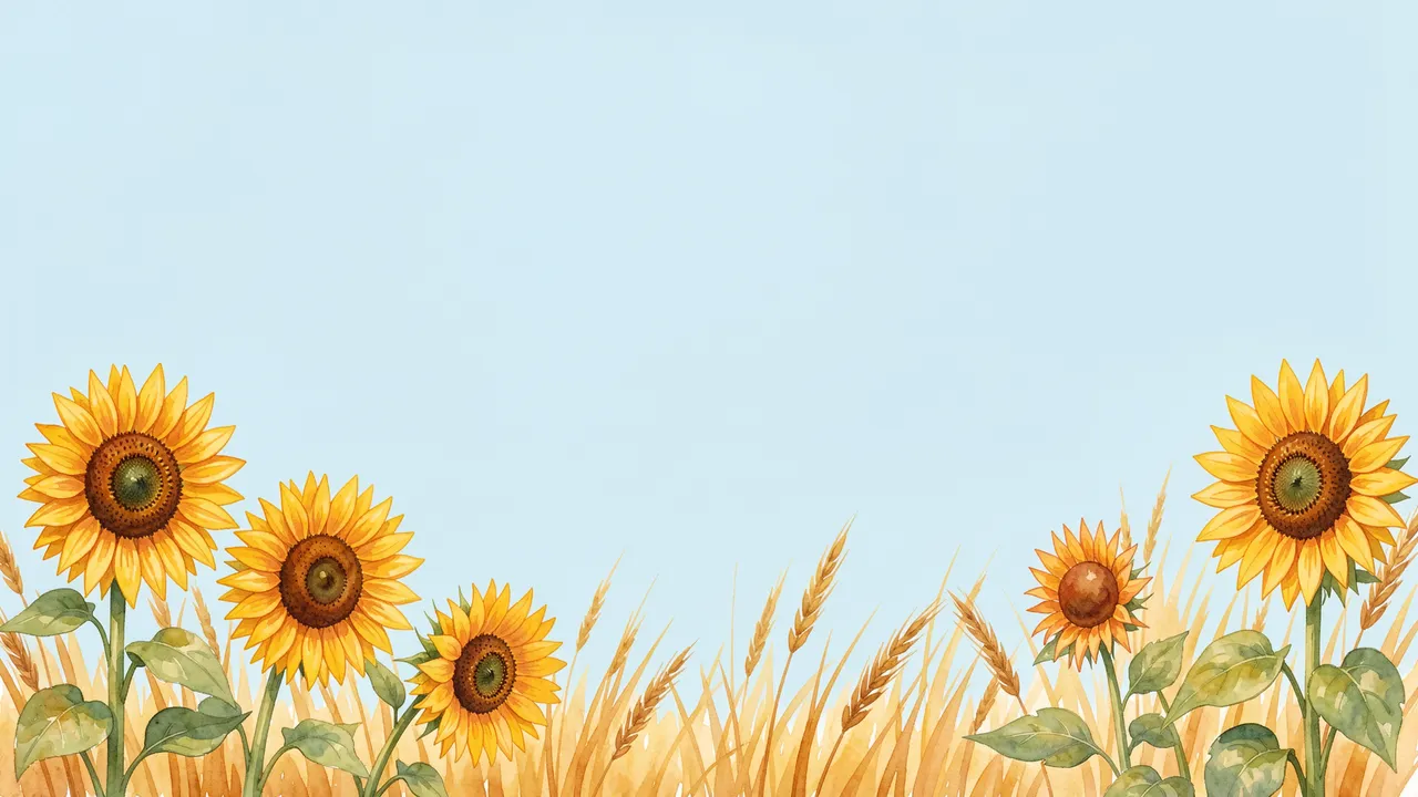 Watercolor sunflowers and golden grasses line the bottom edge of a soft pale blue empty sky