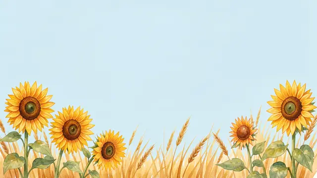 Watercolor sunflowers and golden grasses line the bottom edge of a soft pale blue empty sky