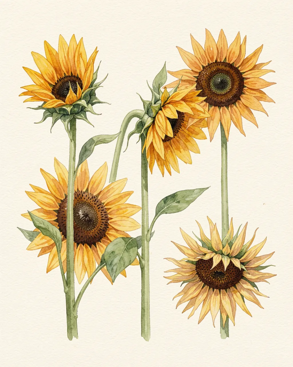 Watercolor illustration of sunflowers at varying bloom stages arranged on cream textured paper