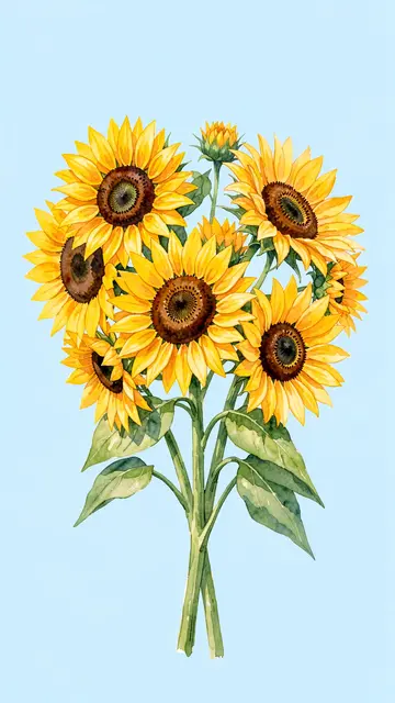 A watercolor illustration of a sunflower bouquet arranged against a pale light blue background