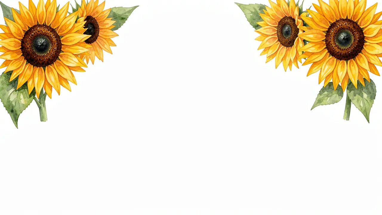 Watercolor sunflower clusters sit in the top left and top right corners of a blank white background with empty copy space.