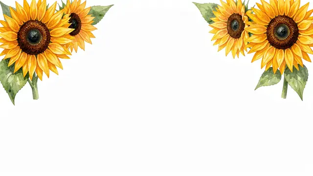 Watercolor sunflower clusters sit in the top left and top right corners of a blank white background with empty copy space.