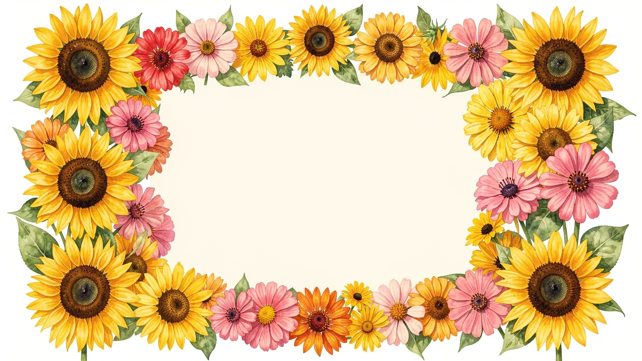 A rectangular watercolor flower border of sunflowers, zinnias, and rudbeckia surrounds a blank cream center.