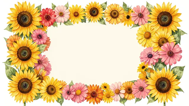 A rectangular watercolor flower border of sunflowers, zinnias, and rudbeckia surrounds a blank cream center.