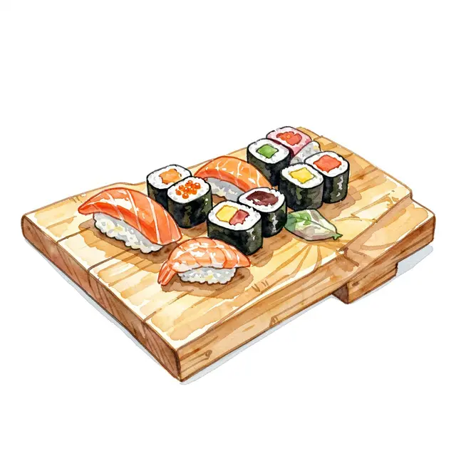 A watercolor illustration of assorted nigiri and maki sushi arranged on a wooden serving board against a plain white