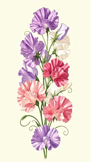 Vertical hand-painted arrangement of ruffled lilac, pink and white sweet peas with curling tendrils on a soft cream