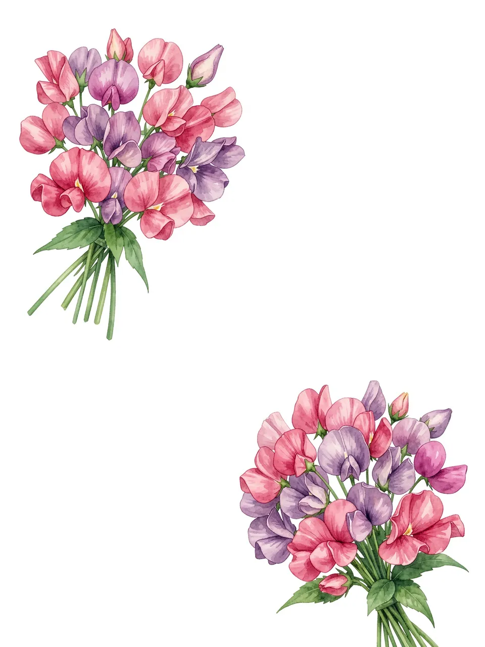 Two watercolor sweet pea bouquets in pink and mauve placed at the top left and bottom right on a plain white background