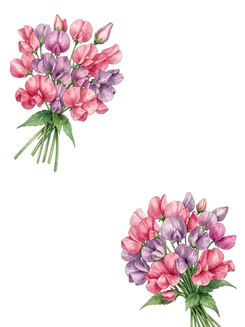 Two watercolor sweet pea bouquets in pink and mauve placed at the top left and bottom right on a plain white background