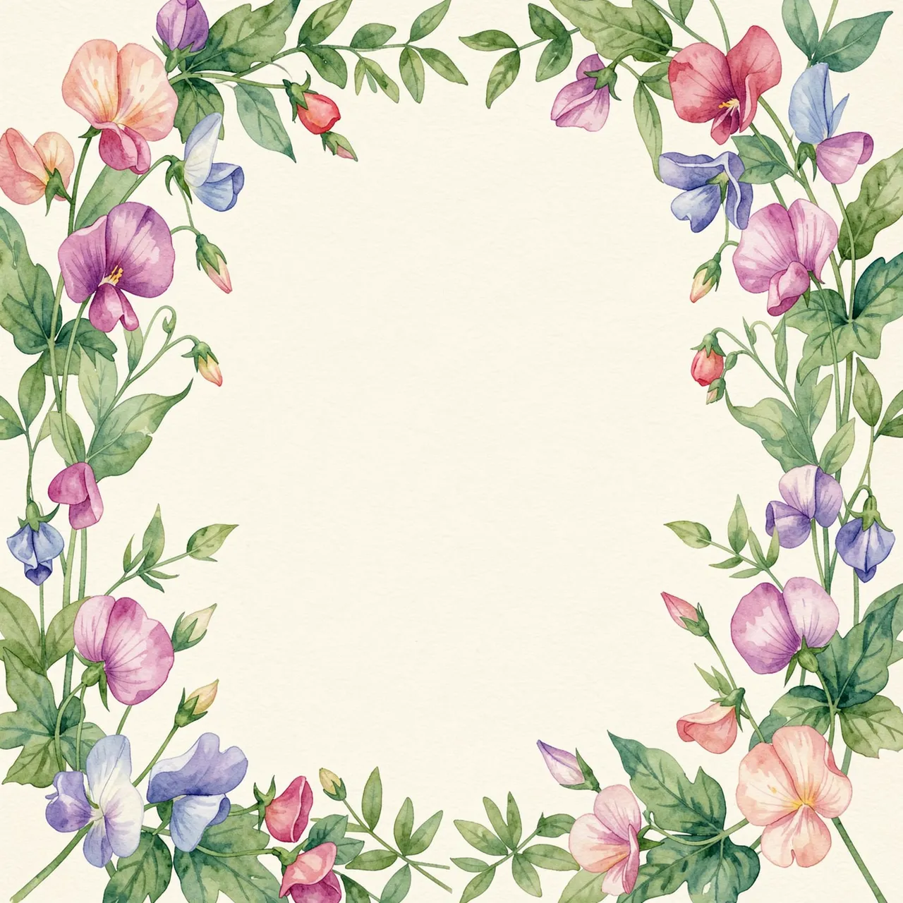 Watercolor illustration of sweet pea flowers and greenery framing an empty soft ivory center