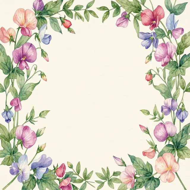 Watercolor illustration of sweet pea flowers and greenery framing an empty soft ivory center