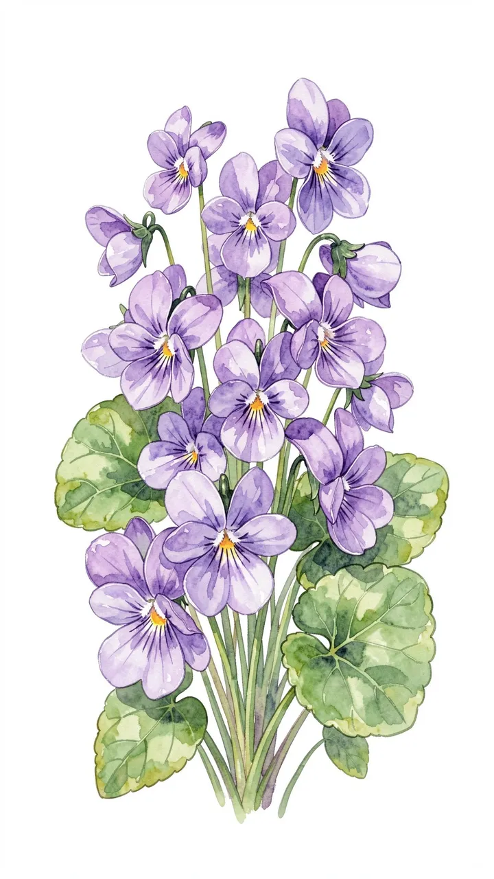 Vertical watercolor illustration of clustered purple sweet violets with heart-shaped green leaves on a plain white background