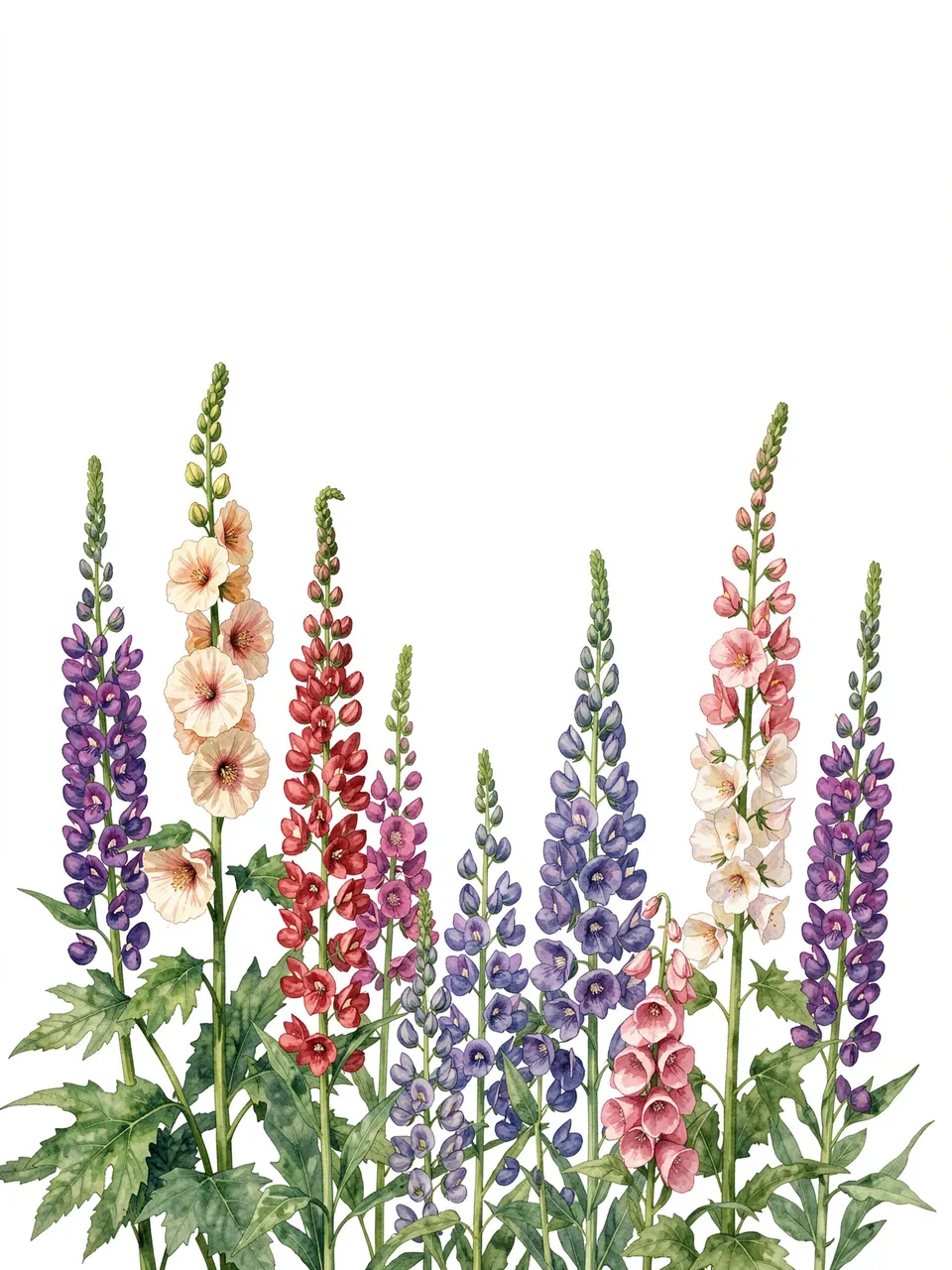 A watercolor illustration of tall hollyhock, lupin and foxglove stems arranged along the bottom with empty white space above.