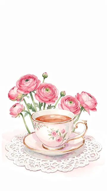 Watercolor illustration of a floral teacup on a lace doily with pink ranunculus, empty white space above