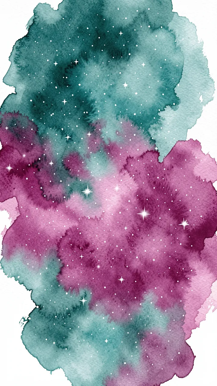 Vertical watercolor nebula with blending teal and magenta washes and scattered white star speckles on a white background